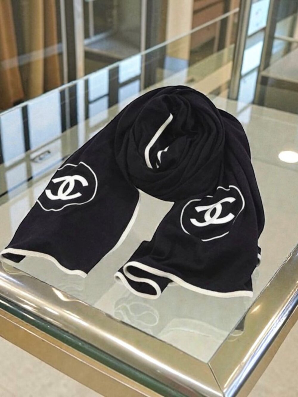 Chanel Black with white CC Logo Scarf Wrap - Silk Blend